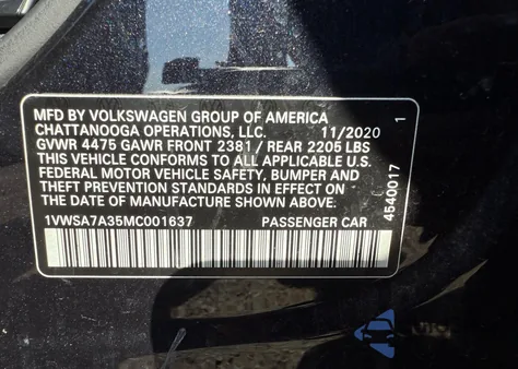 2021 Volkswagen Passat Se из США, поврежденный, VIN 1VWSA7A35MC001637